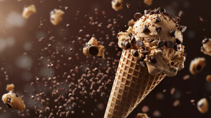 Delectable ice cream cone with caramel swirls and chocolate chips flying around in an action-packed dessert scene - obrazy, fototapety, plakaty