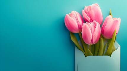 Three pink tulips in turquoise envelope The creativity of human hands creates beautiful works,Kabupaten Muaro Jambi,Jambi,Indonesia, Generative Ai