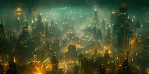 Futuristic Cityscape Blending Steampunk and Cyberpunk Elements with Advanced Technologies and Bustling Streets. Concept Futuristic Cityscape, Steampunk Elements, Cyberpunk Vibes - obrazy, fototapety, plakaty