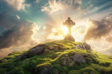 Celtic cross on a green hill with sunshine in the sky. Heavenly light behind ancient symbol of faith. AI Generated - obrazy, fototapety, plakaty