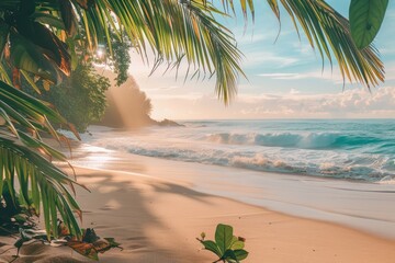 Tropical beach at sunrise. Palm trees and sea waves. Paradise island. AI Generated 