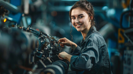 Fototapeta na wymiar Happy woman engineering repair engine