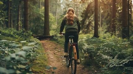 Naklejka premium Young woman cycling in forest