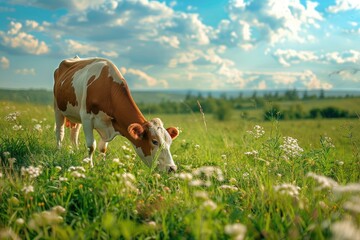 One cow graze green grass. - Powered by Adobe