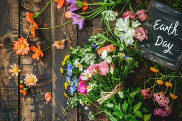 Beautiful colorful flowers bouquet over rustic wood background.