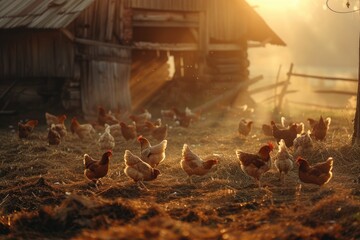 A bustling farmyard scene with hens pecking at the ground, a rustic barn in the background.