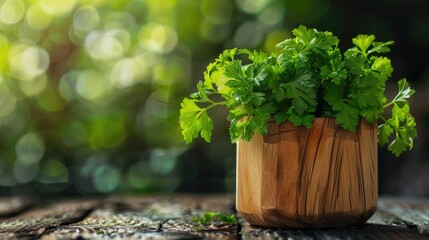 Fresh parsley herb in wooden pot.