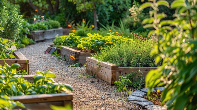 Wooden raised beds neatly arranged with rows of aromatic herbs.