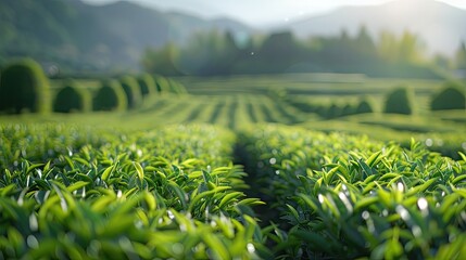A Oolong Tea, Japanese Style, Wheat Field with Cypresses, sunshine, fine luster, shallow depth field, blur background, cute  