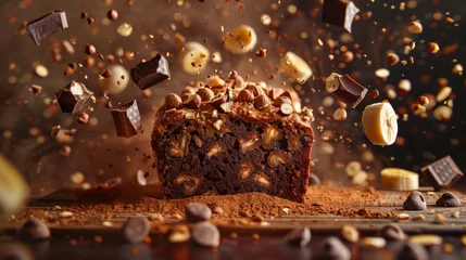 Fotobehang Nut-loaded chocolate loaf with dynamic ingredients frozen mid-air suggesting deliciousness © road to millionaire