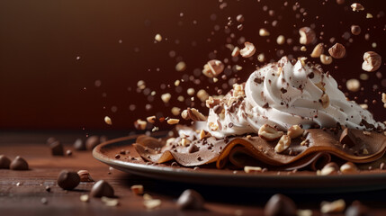 A dessert plate with whipped cream and nuts shower portrays a luxurious and irresistible treat - obrazy, fototapety, plakaty