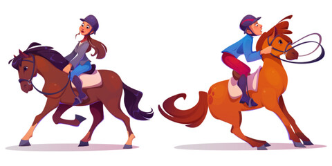 Male and female horse rider in helmet and uniforms. Cartoon vector illustration of equestrian school and racehorse sport set with man and woman jockey in equipment ride on animal in saddle with bridle