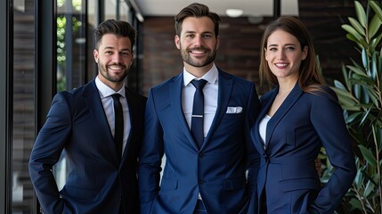 a promotional image of a Sydney real estate agent team with an agent and two associates, blue...