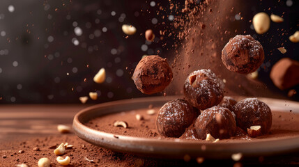Heavenly chocolate truffles dusted with cocoa powder creating a cloud of chocolate splendor on a rustic dish - obrazy, fototapety, plakaty