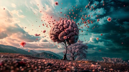 A brain is depicted as a tree with pink flowers falling from it. The scene is set in a field with mountains in the background. The scene is serene and peaceful, with the brain tree standing tall - obrazy, fototapety, plakaty