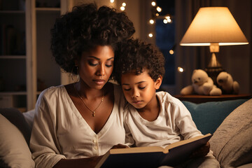 African American mother and son reading book on couch in living room decorated with lights. Mom and kid at home at night - Powered by Adobe
