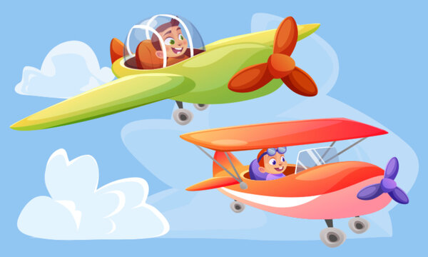 Fototapeta Happy kids flying on color planes in sky. Vector cartoon illustration of cute little boys piloting green and red toy aircraft, blue skyline background with clouds, school banner template, childhood