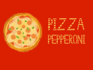 Illustrator design, Drawing Pepperoni Pizza and red background color.