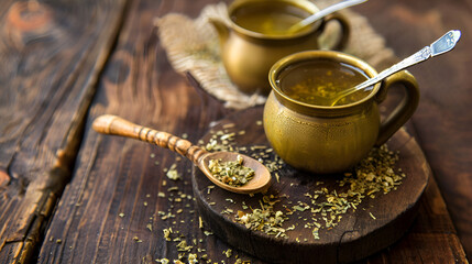 Obraz na płótnie Canvas Traditional yerba mate tea on wooden table Yerba mate is poured into a cup on the table Preparing a mate by putting yerba in the mate. Argentine custom to drink mate at all times, Generative Ai