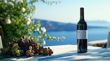 a greek bottle of wine on a table, idyllic 