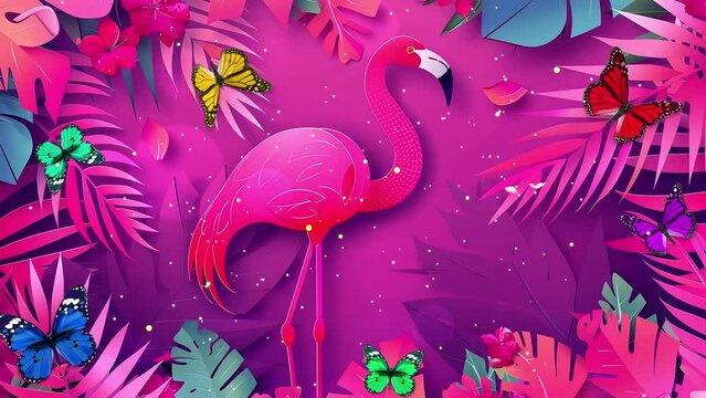 summer sale banner with paper cut flamingo on pink background. seamless looping overlay 4k virtual video animation background