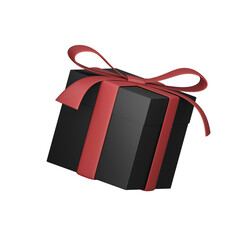 a black and red gift box with a red ribbon
