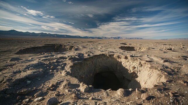 A wideangle image capturing multiple sinkholes in a barren landscape showcasing their destructive power.