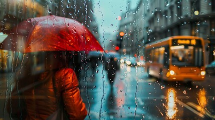 It's raining heavily, wearing an umbrella during the rainy season