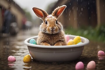 Easter bunny with colorful eggs in a wooden bowl in the rain - Powered by Adobe