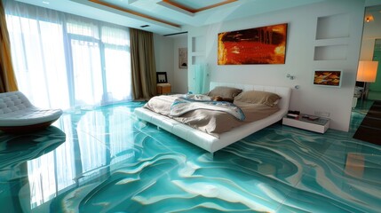 Modern bedroom with epoxy floor, modern house style.
Generative AI
