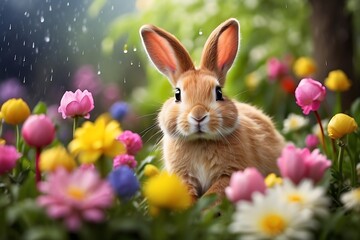 Cute Easter bunny sitting in the garden with tulips and rain