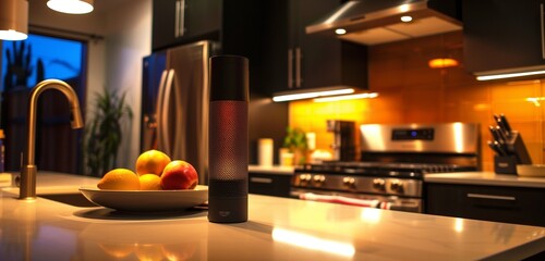 A modern kitchen with voice-activated smart speakers, casting a warm glow over stainless steel...