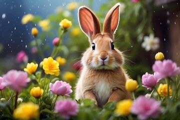 Cute Easter bunny sitting in the garden with tulips and rain