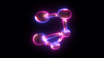 Bonds between glowing neon molecules, hydrogen, and oxygen atoms magnified by a microscope Chemistry, technology, molecular physics, research, and microinnovation