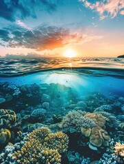 A beautiful underwater scene with a bright orange sun in the background