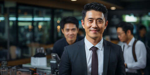 Portrait of two asian businessman. Employees in suits standing in modern office. Smiling male office workers looking at camera in workplace meeting area.