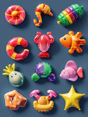 A collection of colorful inflatable toys, including a star, a fish, and a crab