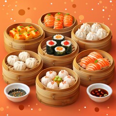 Flat Design, Delicious Dim Sum Food Illustration, Vector Style.