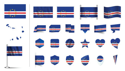 set of Cabo Verde flag, flat Icon set vector illustration. collection of national symbols on various objects and state signs. flag button, waving, 3d rendering symbols