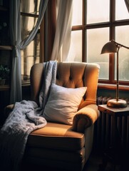 Obraz premium A chair with a white pillow and a blanket draped over it
