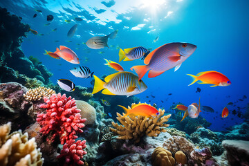Fototapeta na wymiar Vibrant marine life teems around a colorful coral reef under the dappled sunlight of the ocean’s surface