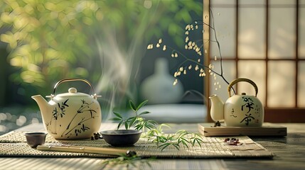Create a serene Japanese minimalist promotional look inspired by the work of Masao Yamamoto. The main object is a beautifully decorated herbal tea set, from which fragrant steam gently rises.  - obrazy, fototapety, plakaty