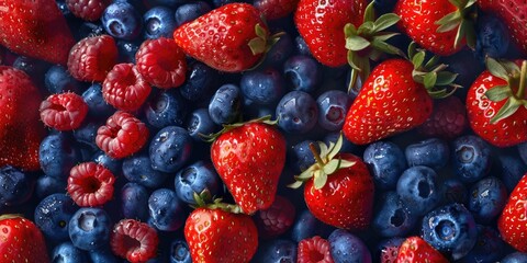 A close up of a bunch of blueberries and strawberries