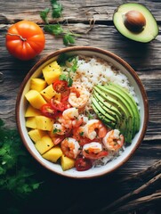 A bowl of food with shrimp, avocado, and rice