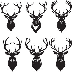 Set of Deer's black silhouettes on white background - obrazy, fototapety, plakaty