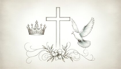 Holy Trinity symbols. Cross, crown and dove of Holy Spirit. Christian symbols against white background. Vector illustration.