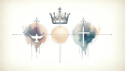 Holy Trinity symbols. Cross, crown and dove of Holy Spirit. Christian symbols against watercolor splashes background. Vector illustration. - obrazy, fototapety, plakaty