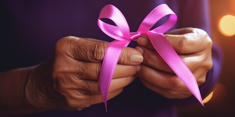 A woman is holding a pink ribbon in her hand