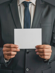 A man in a suit holding a white card