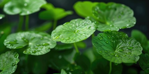 A group of green leaves with droplets of water on them